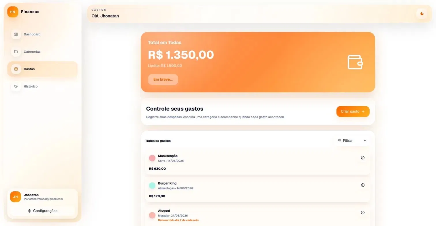 Painel do sistema Finanças com resumo de gastos, categorias e histórico de despesas